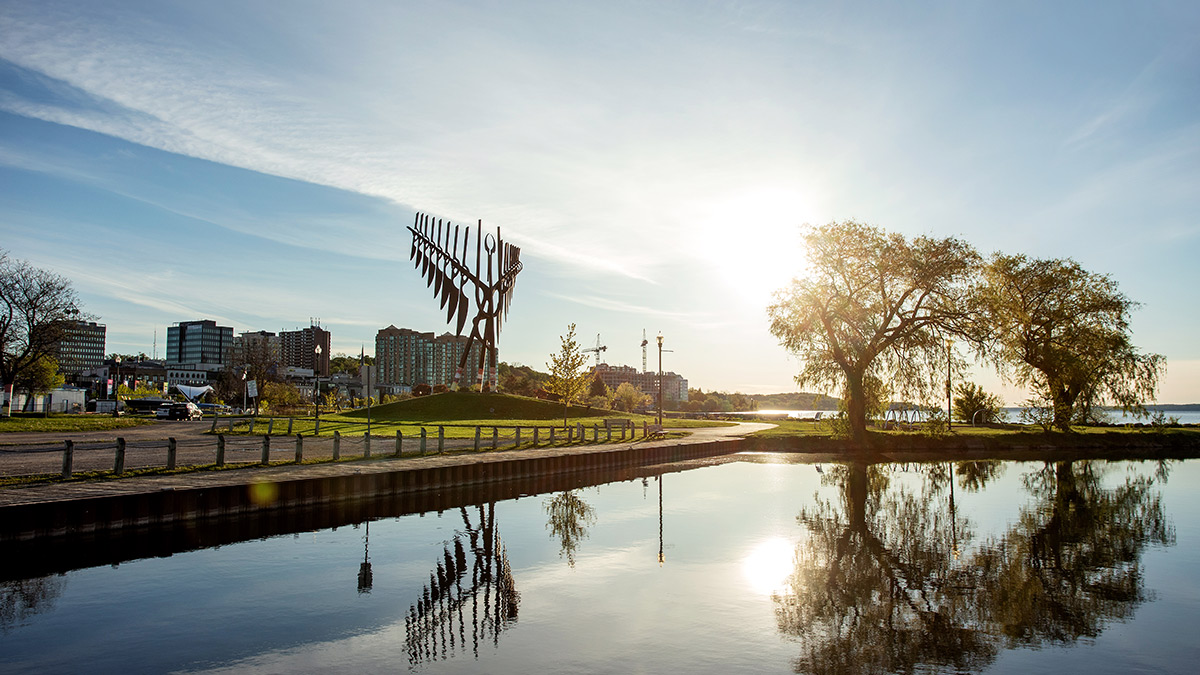 Downtown Barrie, Ontario waterfront with the Spirit Catcher sculpture