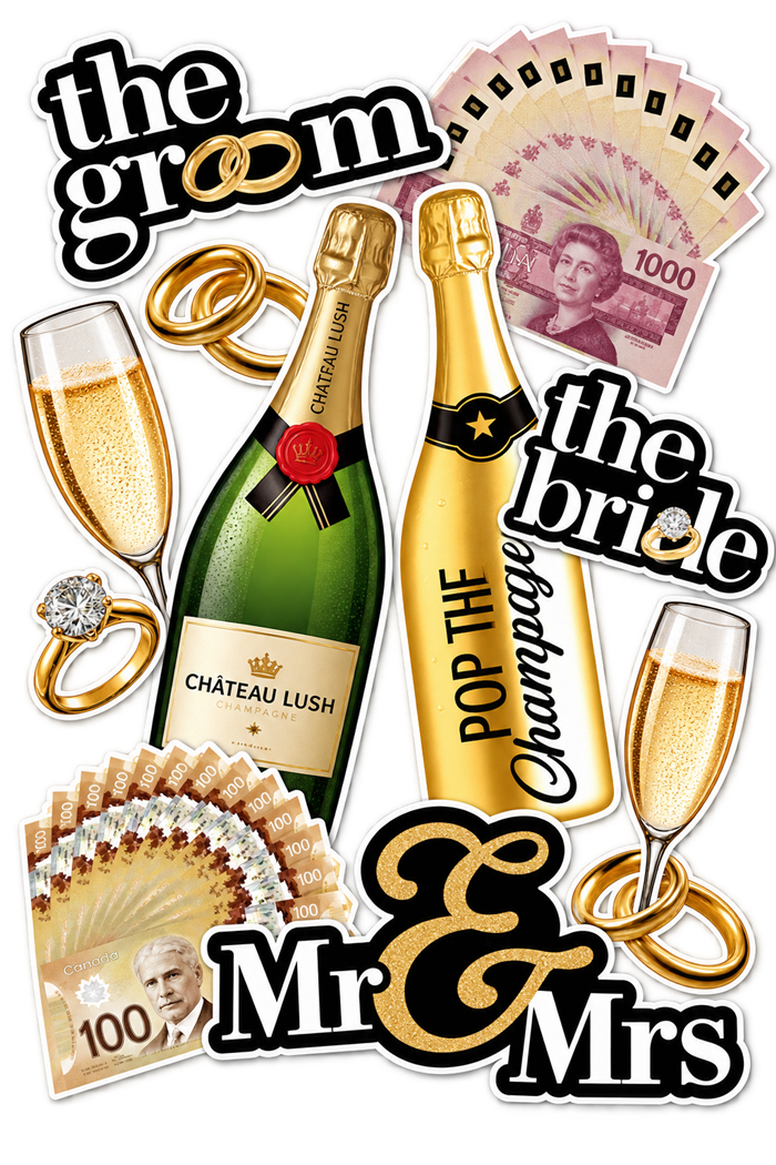 A collage of real photobooth props: bride and groom signs, champagne bottles, oversized rings, cash fans, and a Mr & Mrs sign